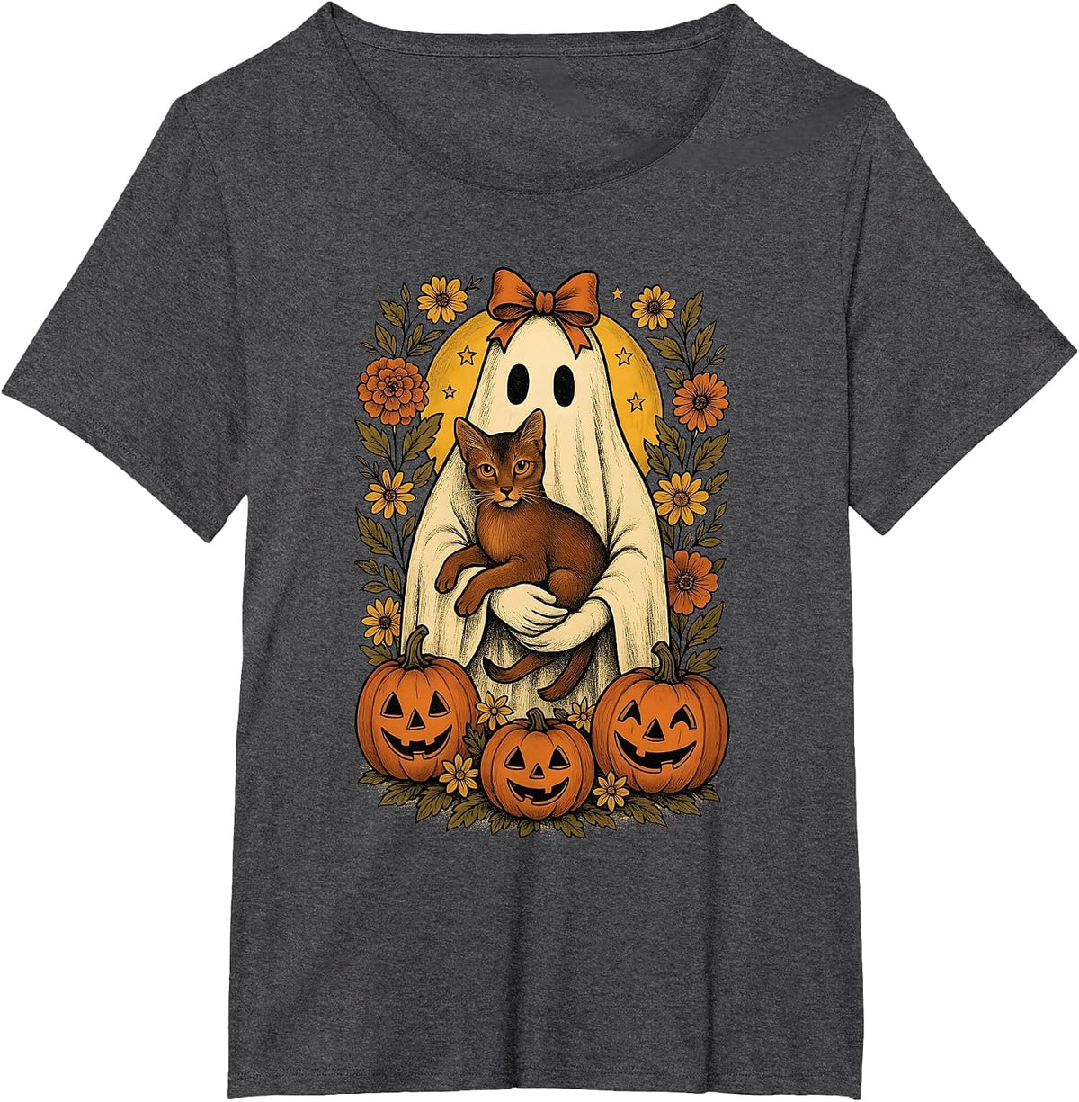 Vintage Ghost Holding Abyssinian Cat with Pumpkins Halloween T-Shirt - Dark Heather Grey