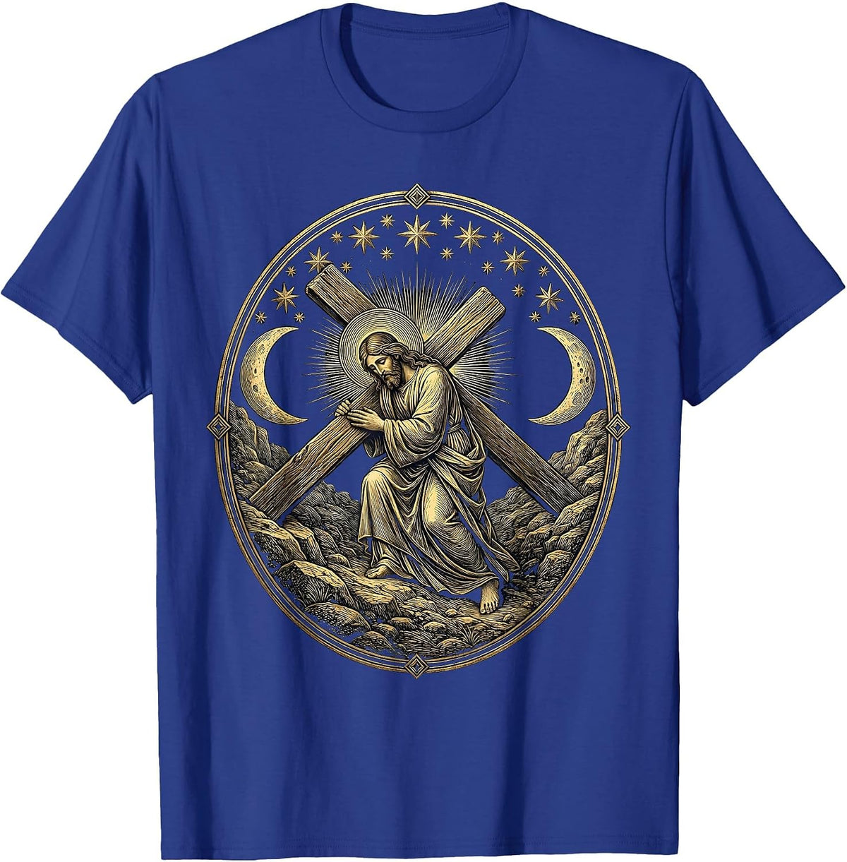 Bearded Jesus Carrying the Cross Uphill T-Shirt - Royal Blue