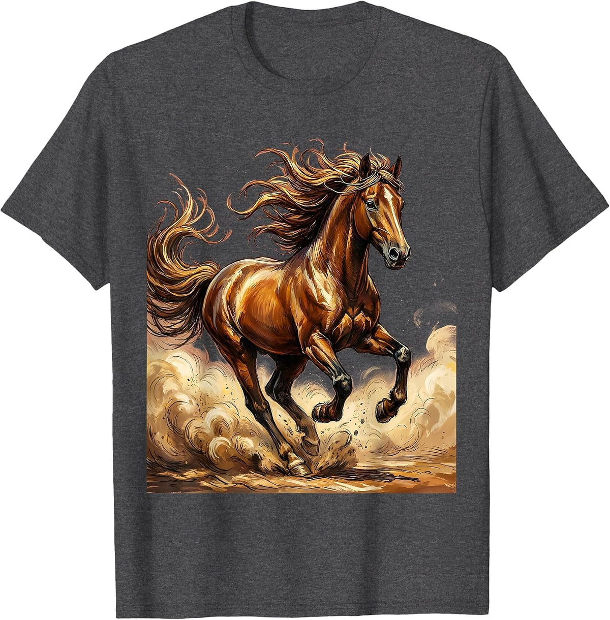 Running Horse Flowing Mane Rodeo Graphic Tee T-Shirt - Dark Heather Grey