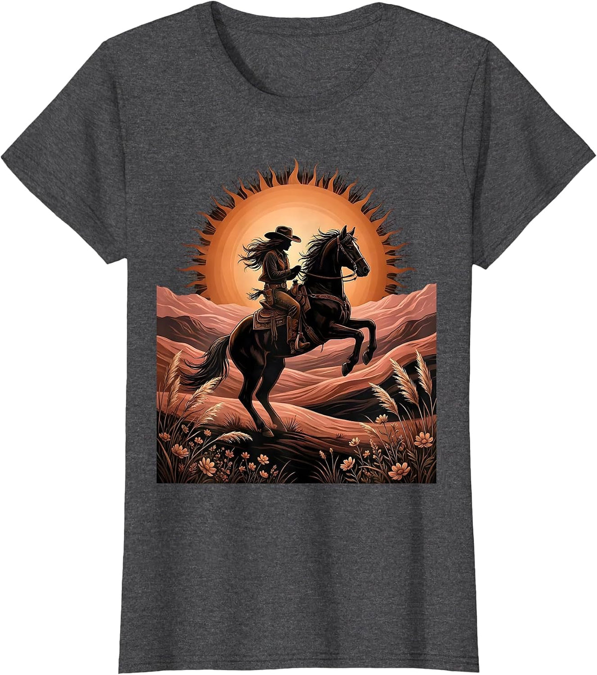 Women's Cowgirl Riding Horse at Sunset Western Design T-Shirt - Dark Heather Grey