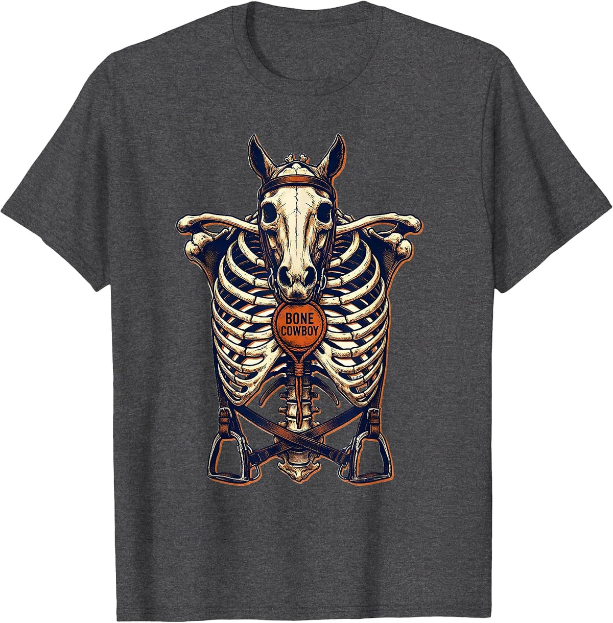 Men's Bone Cowboy Risograph Skeleton Horse Equestrian Halloween T-Shirt - Dark Heather Grey