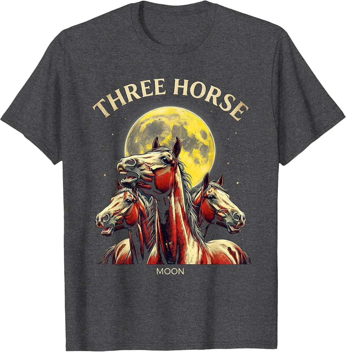 Three Horse Moon Pulp Cover Equestrian Meme Parody T-Shirt - Dark Heather Grey