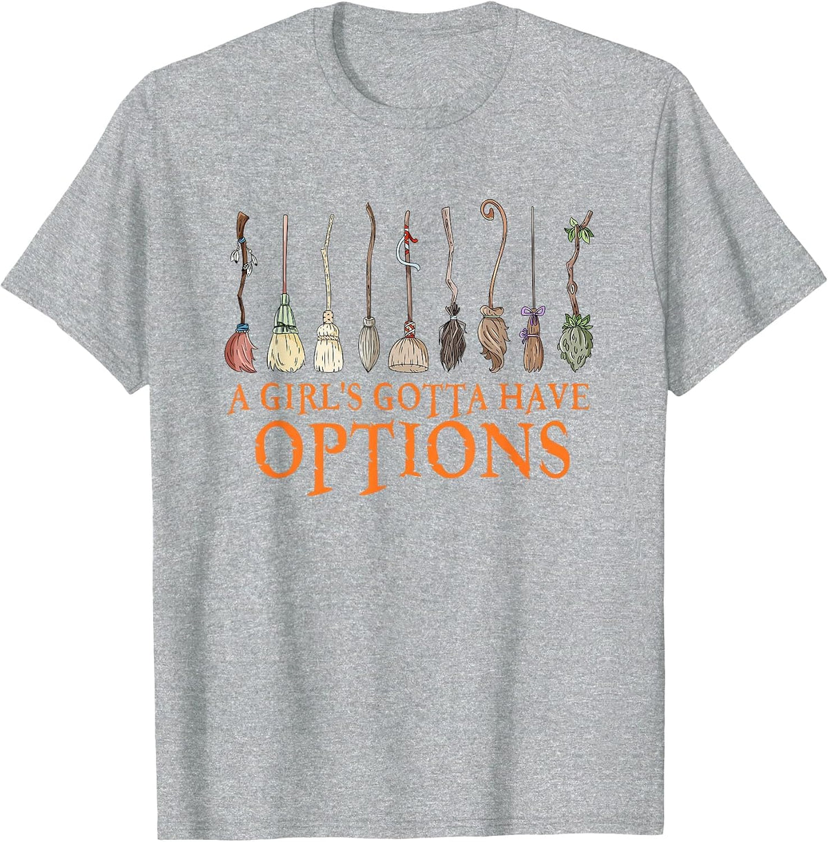 A Girl's Gotta Have Options with Witch Broom Halloween T-Shirt Tee for Girls - Heather Grey