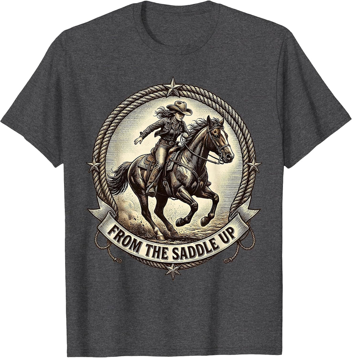 From the Saddle Up Cowgirl Riding Design T-Shirt - Dark Heather Grey