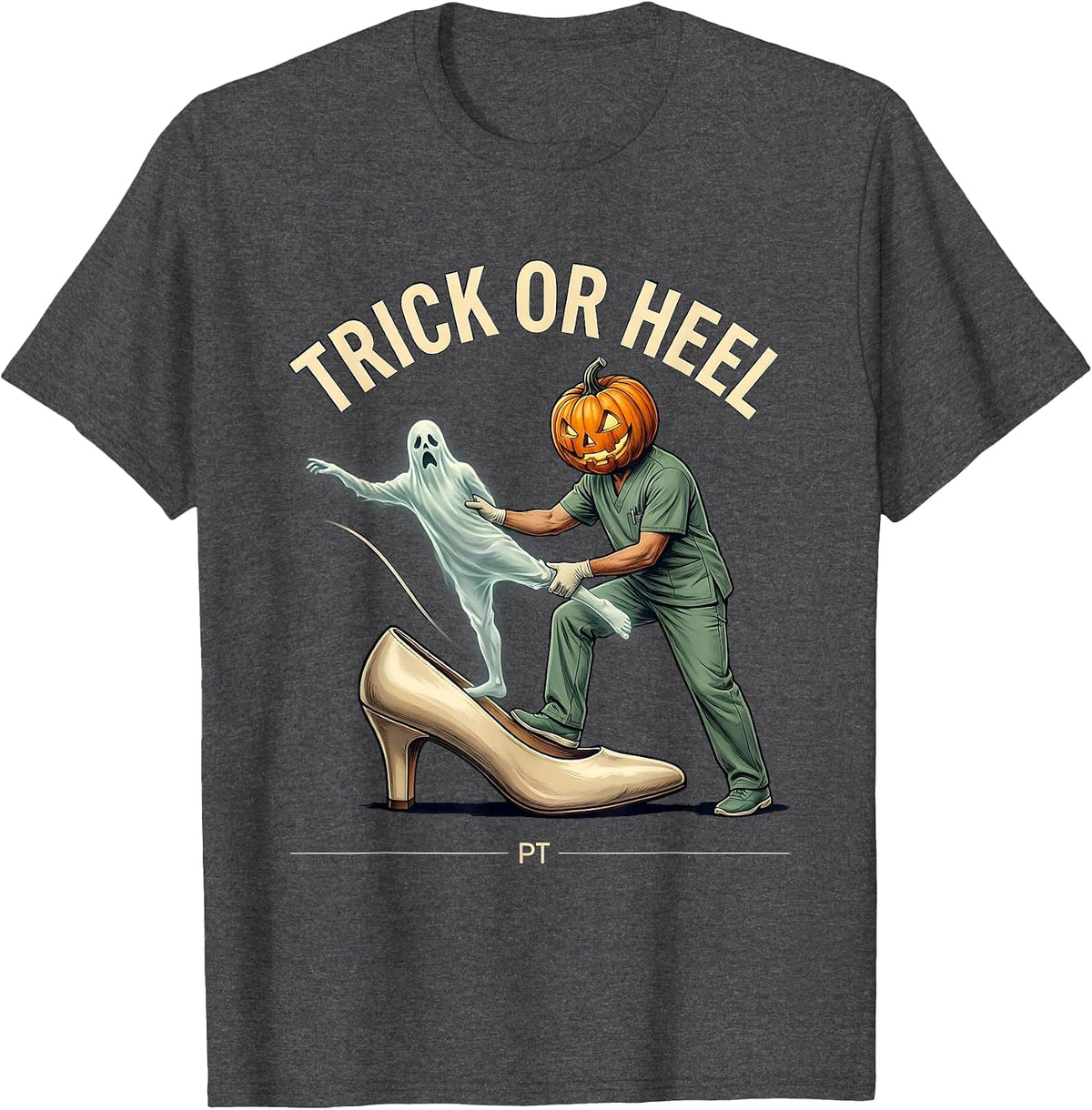 Men's Trick Or Heel PT Physical Therapy Halloween Ghost Therapist T-Shirt - Dark Heather Grey