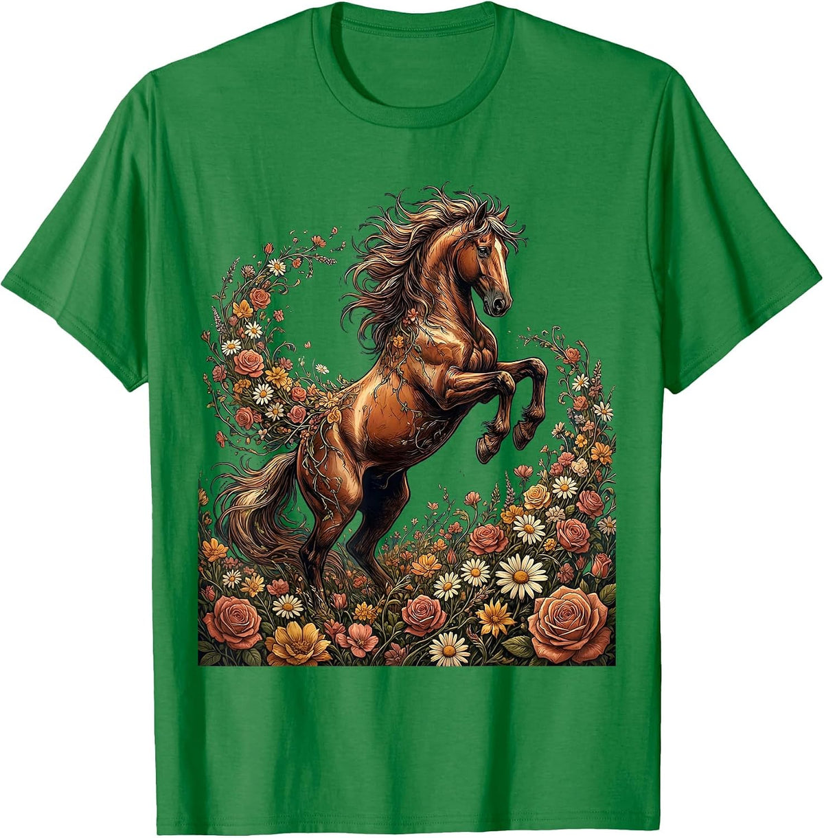 Men's Floral Bucking Horse Rodeo Graphic Design T-Shirt - Kelly Green