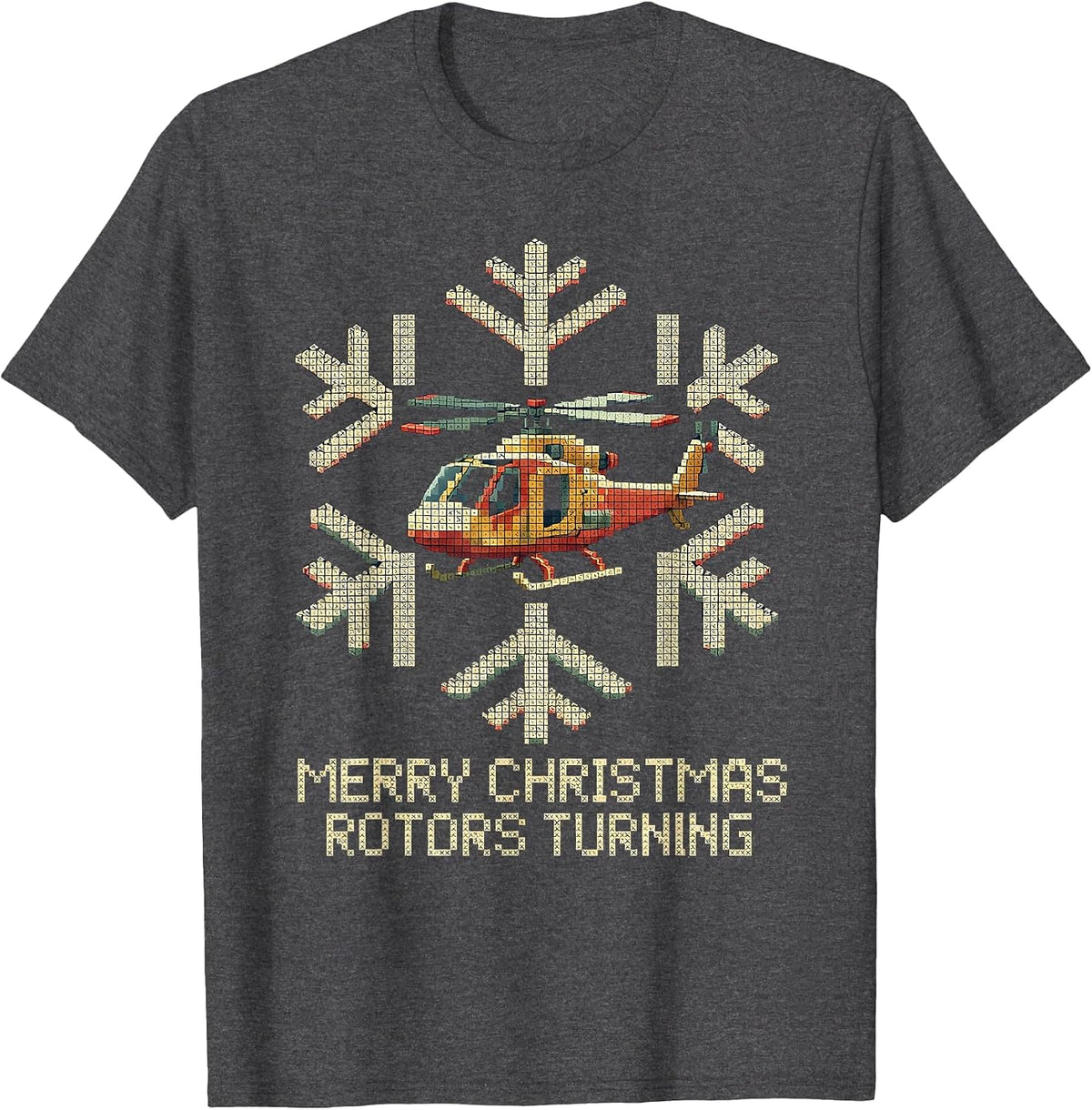 Men's Merry Christmas Rotors Turning Cross Stitch Sampler Pilot T-Shirt - Dark Heather Grey
