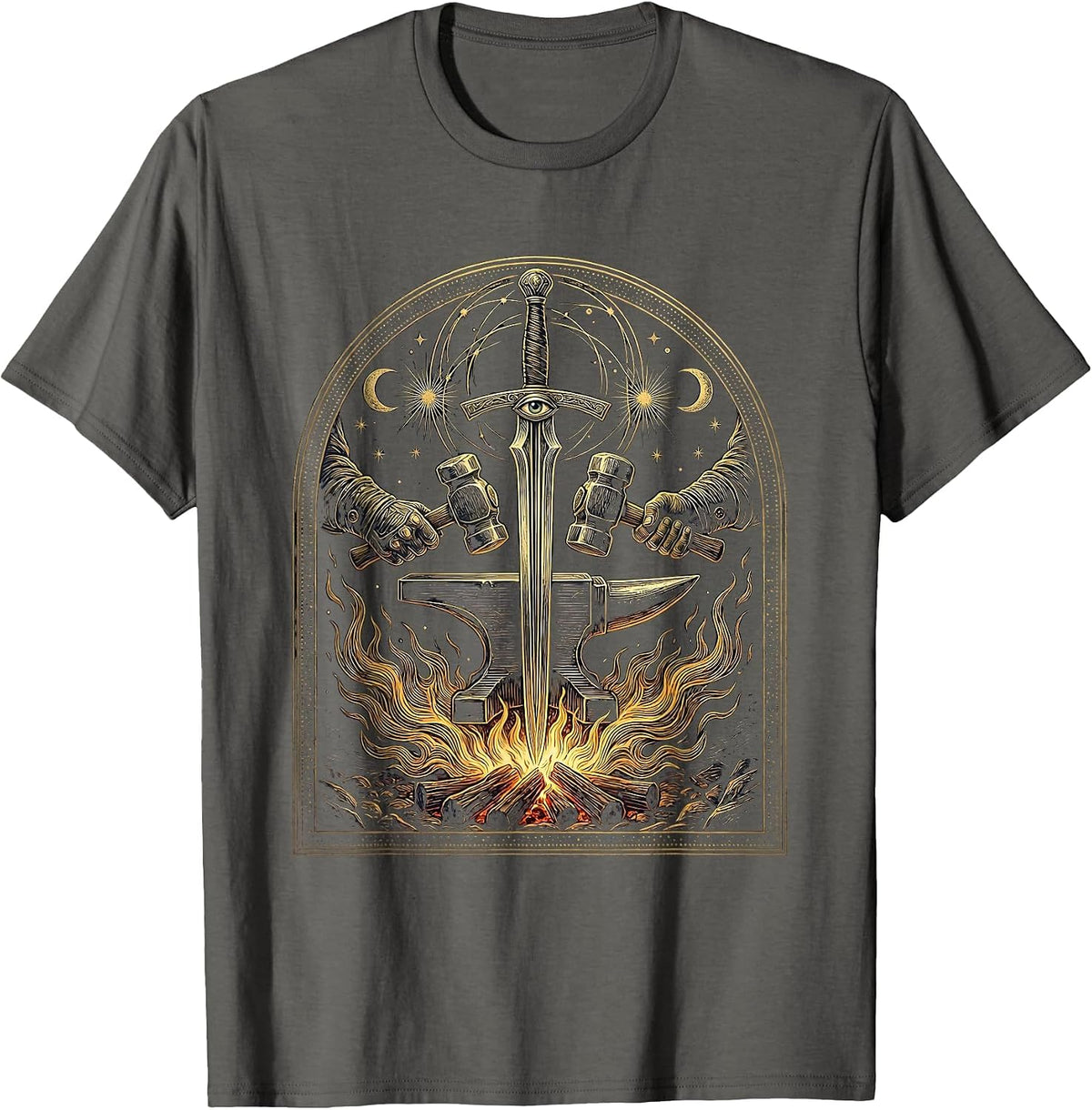Renaissance Blacksmith Forging Sword Graphic T-Shirt - Asphalt Grey