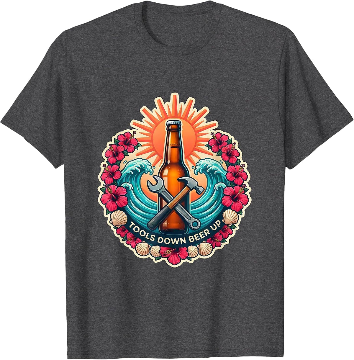 Men's Tools Down Beer Up Blue Collar Worker Design T-Shirt - Dark Heather Grey