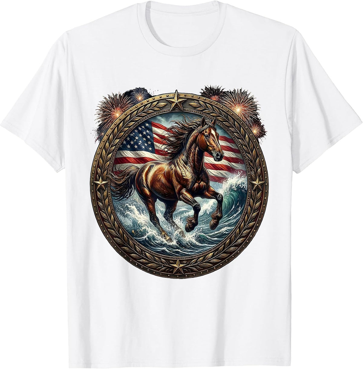 Men's Wild Horse Galloping Through Ocean Surf T-Shirt - White