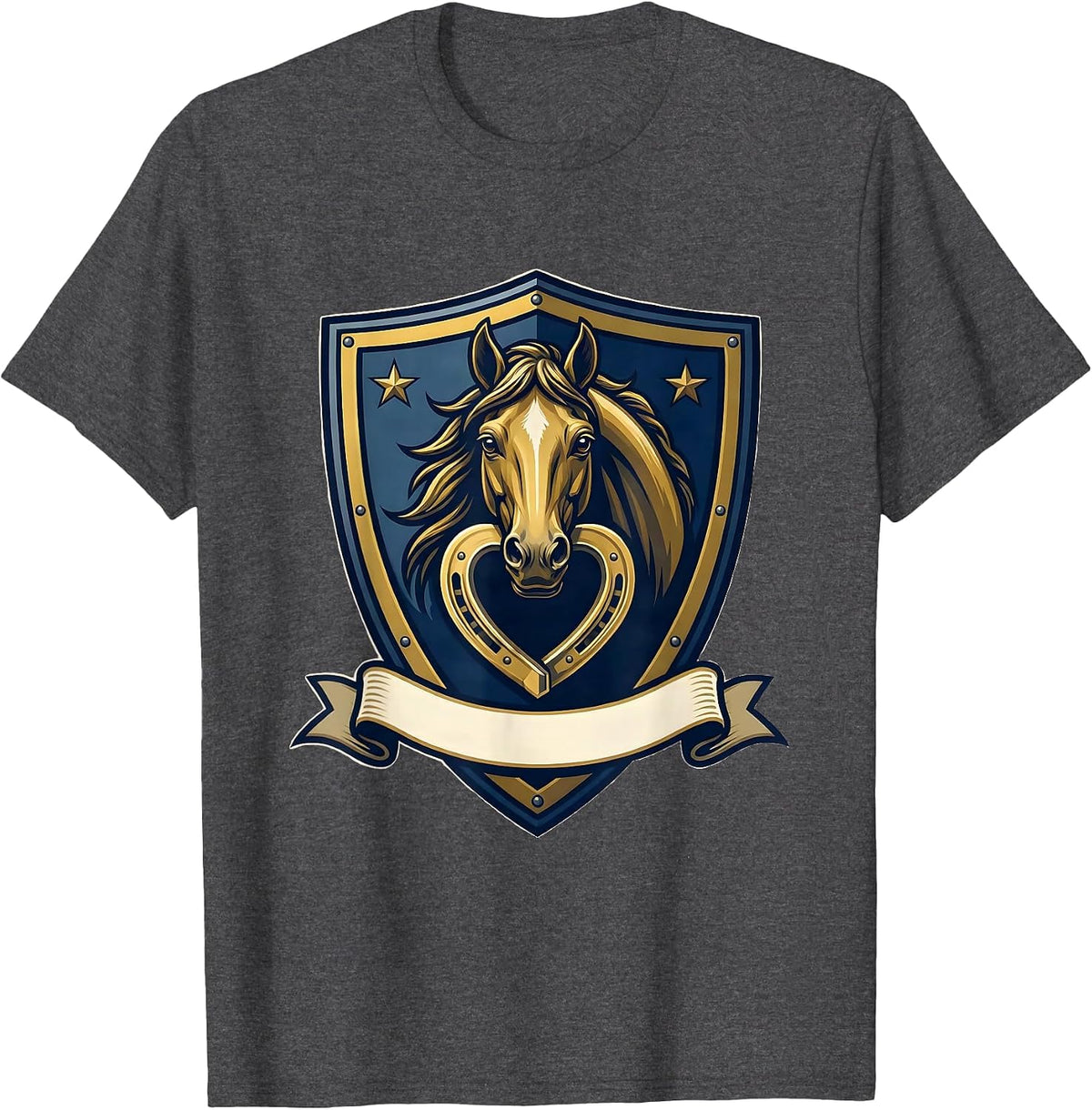 Men's Shield Crest Horse Lover Emblem Valentines Day Equestrian T-Shirt - Dark Heather Grey