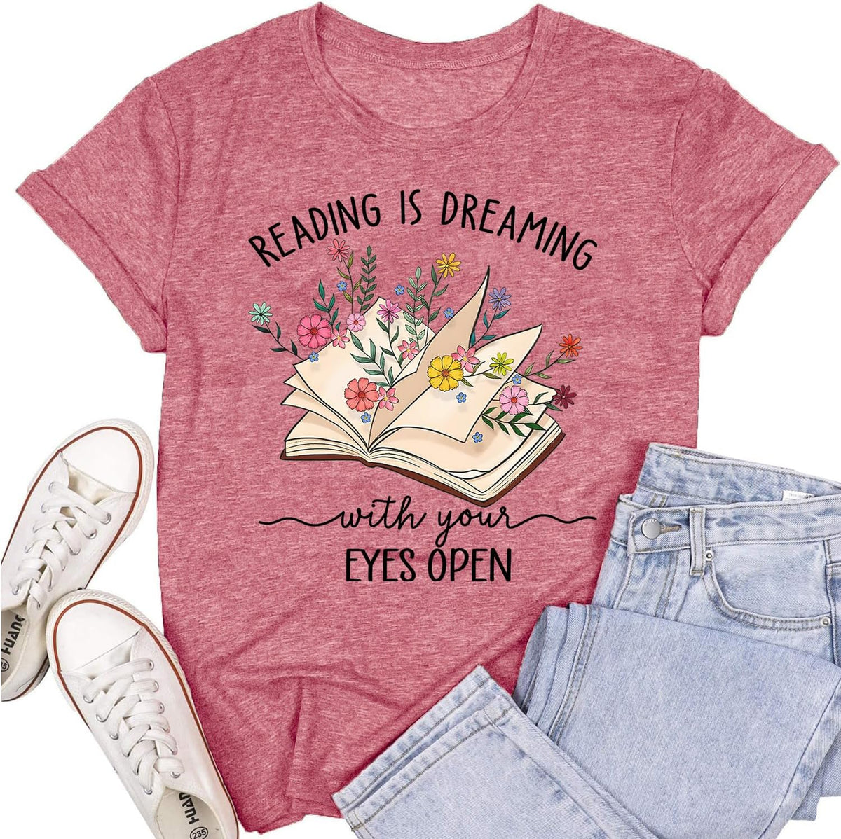 Womens Reading Shirts Book Lover Bookworms T-Shirt Book Heart Tops - A-pink