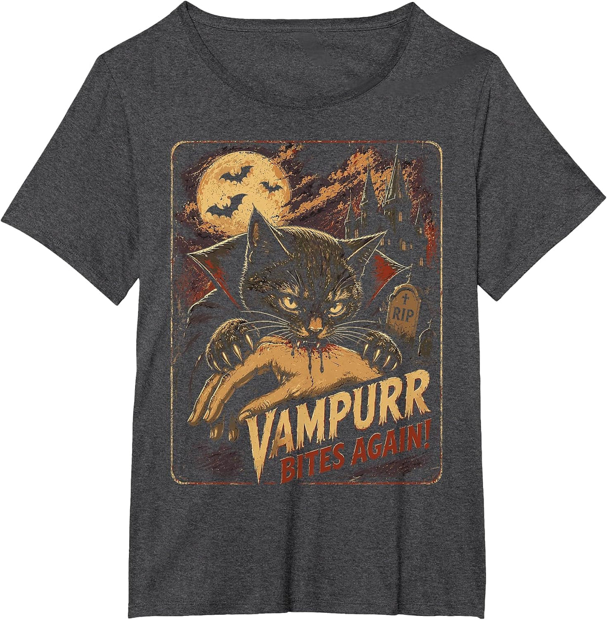 Halloween Comic Cat Vampurr Bites Again Funny Halloween T-Shirt - Dark Heather Grey