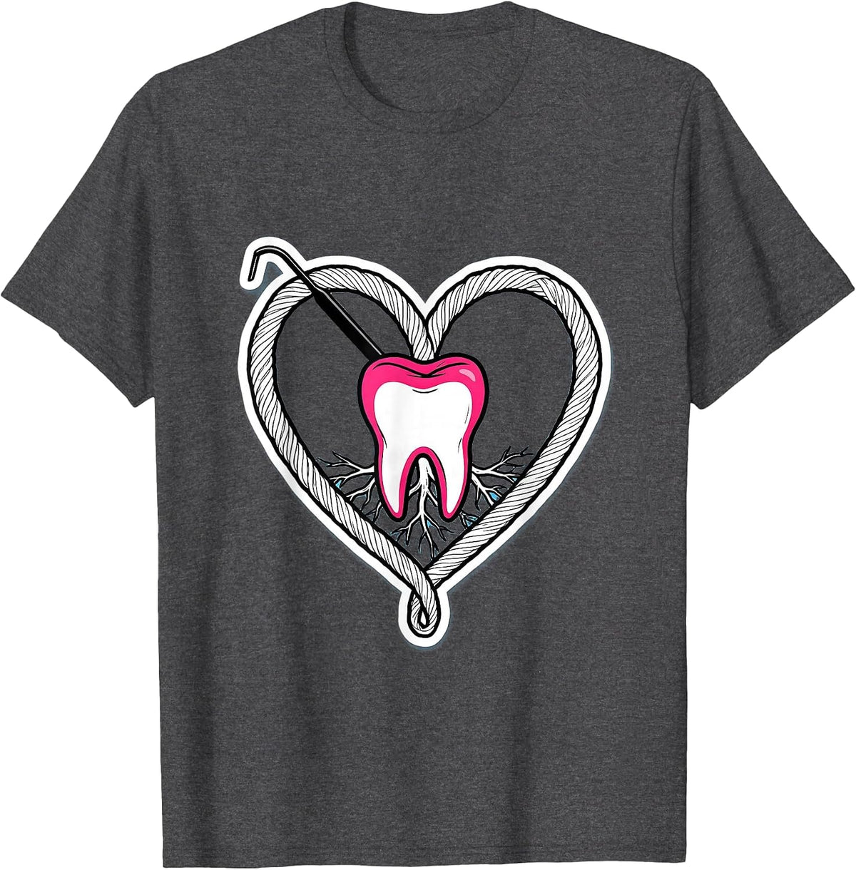 Heart-Shaped Dental Floss Loop Funny Dental Professional T-Shirt - Dark Heather Grey