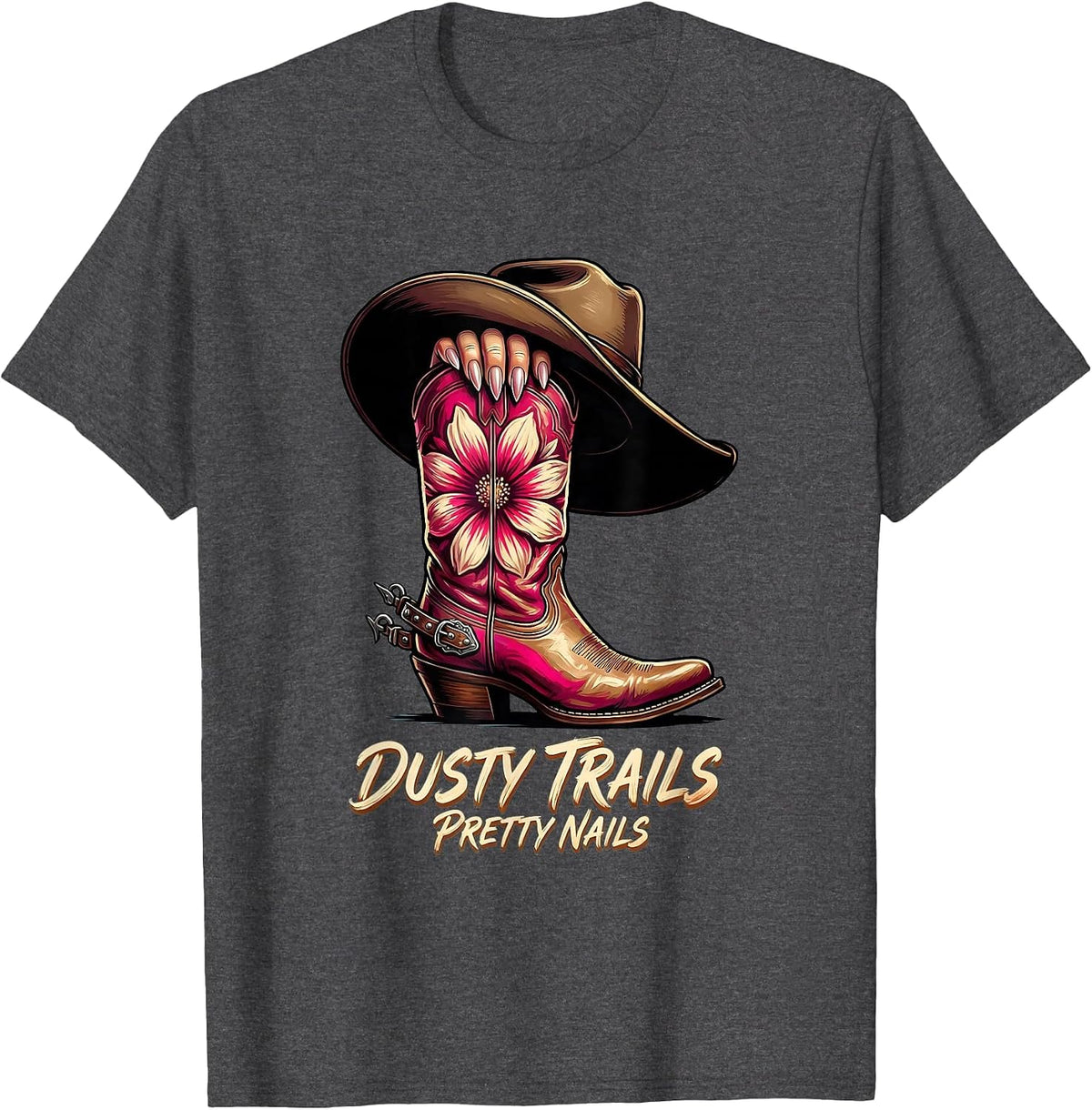 Dusty Trails Pretty Nails Pink Cowgirl Design T-Shirt - Dark Heather Grey