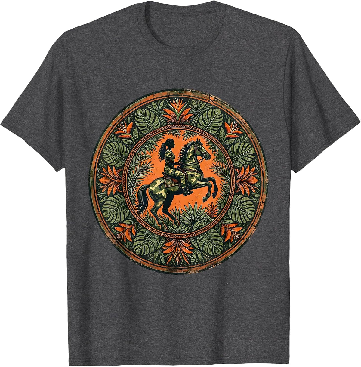 Men's Camo Woman Riding Horse Through Jungle T-Shirt - Dark Heather Grey