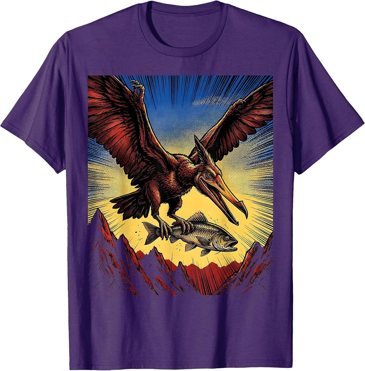 Pterodactyl Flying Over Mountains With Fish T-Shirt - Purple