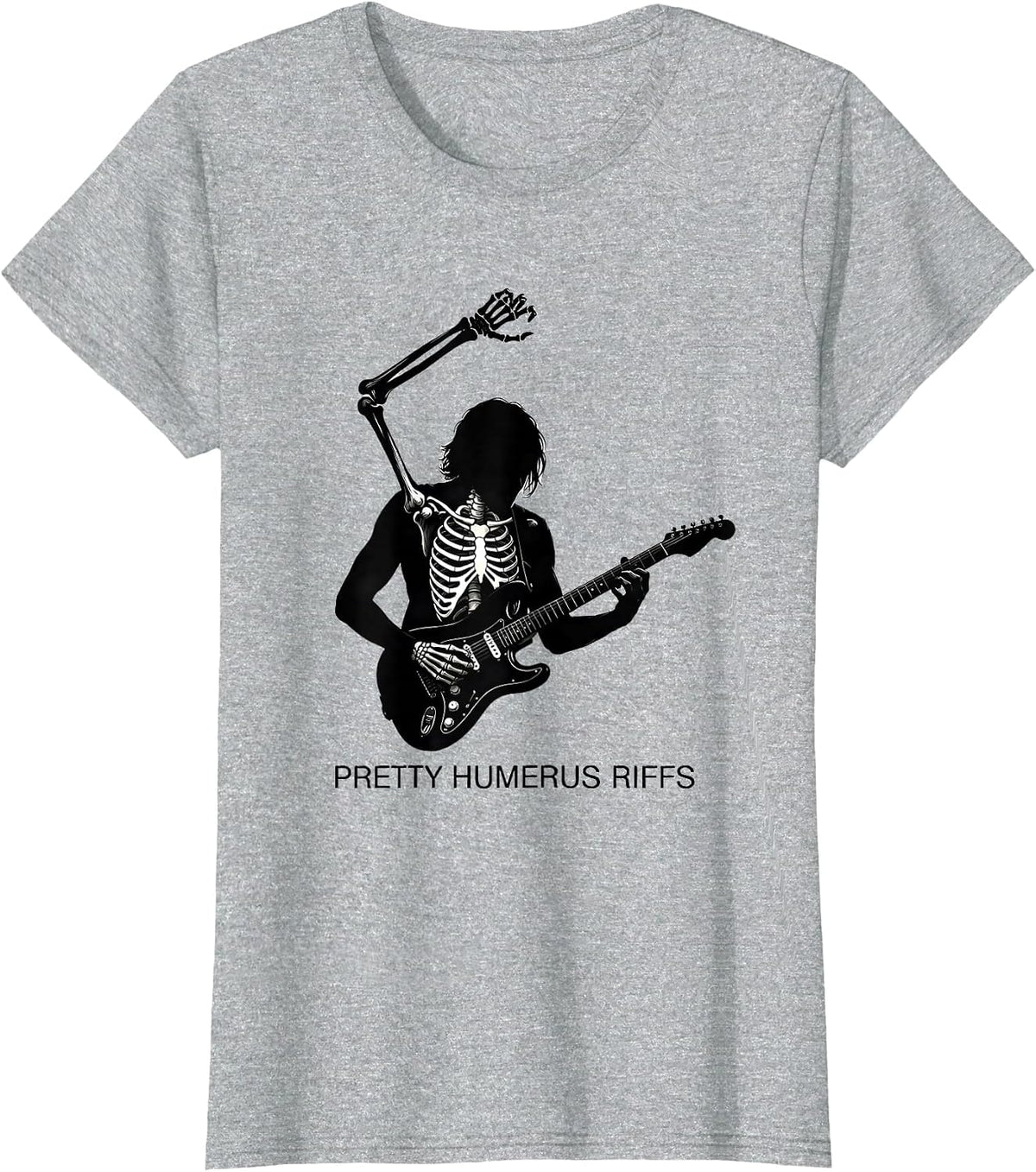 Pretty Humerus Riffs Bold Skeleton Guitarist Halloween T-Shirt - Heather Grey