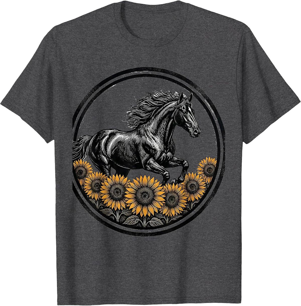 Horse Galloping Through Sunflower Field T-Shirt - Dark Heather Grey