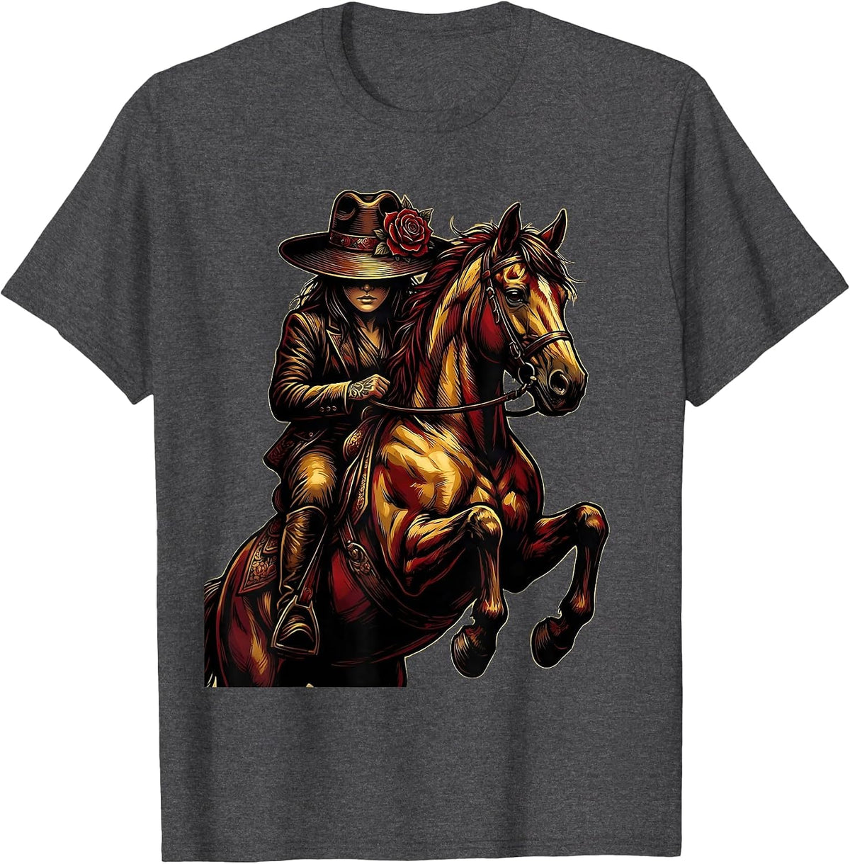 Cowgirl Horseback Rider Wide Brim Hat Western Art T-Shirt - Dark Heather Grey
