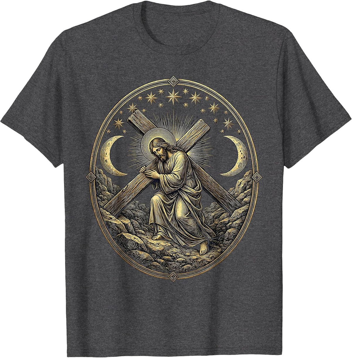 Bearded Jesus Carrying the Cross Uphill T-Shirt - Dark Heather Grey