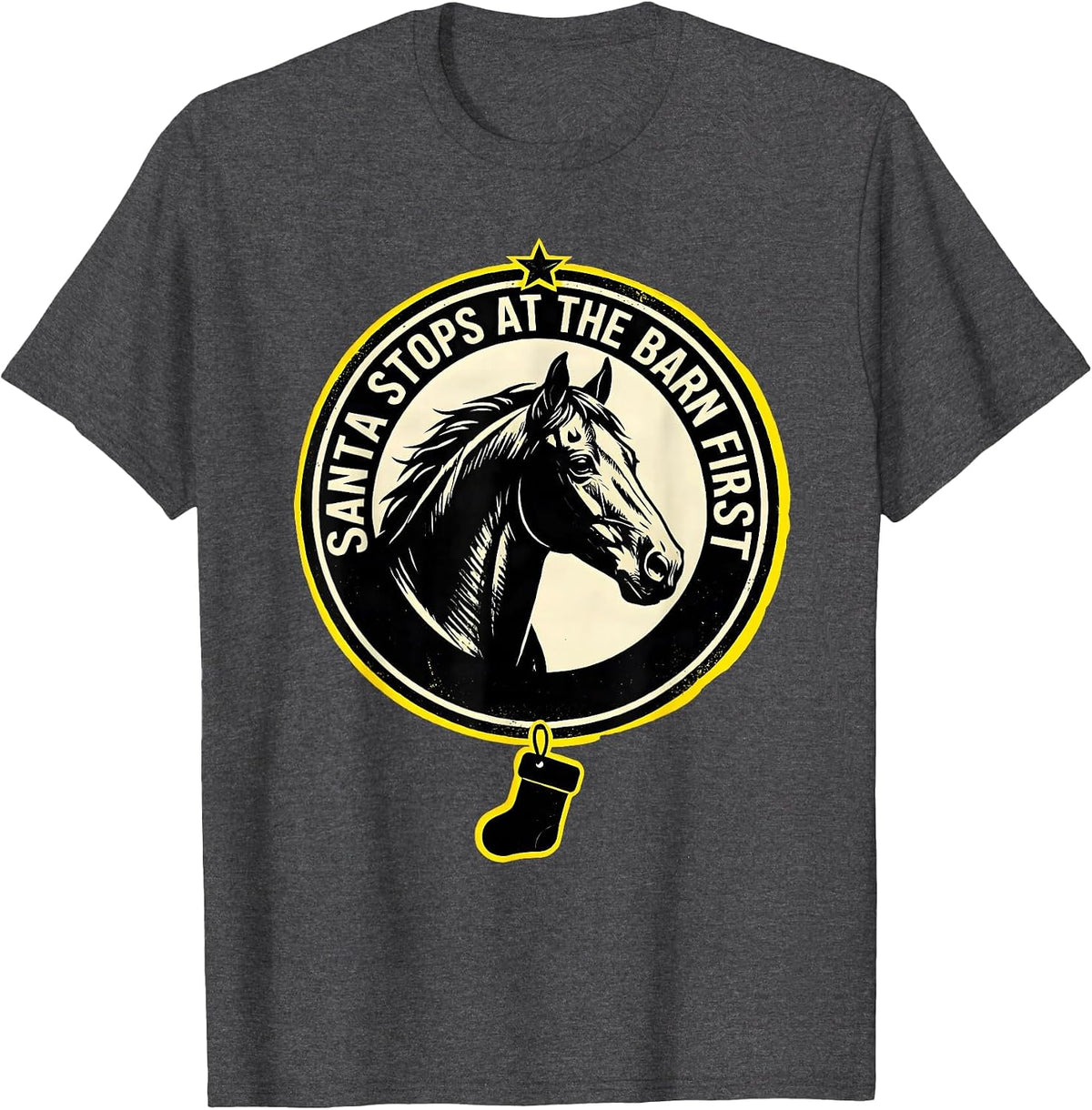 Santa Stops At The Barn First Funny Horse Lover Christmas T-Shirt - Dark Heather Grey