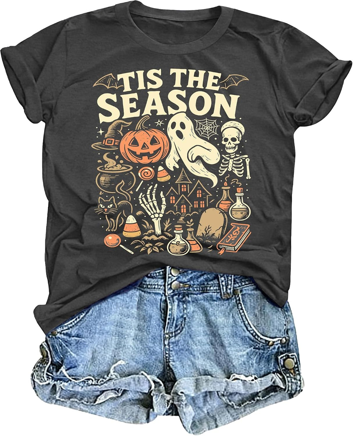 Halloween Shirts for Women Spooky Season Short Sleeve Tis The Season Tee - Grey