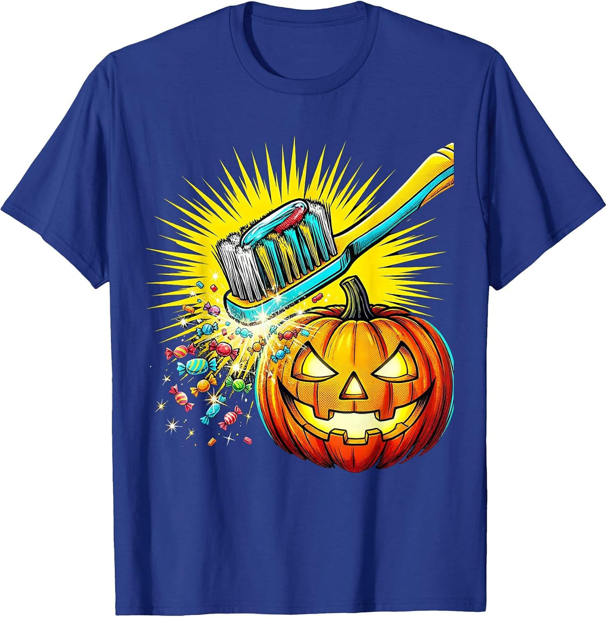 Men's Oversized Toothbrush Jack-O-Lantern Dental Humor Halloween T-Shirt - Royal Blue