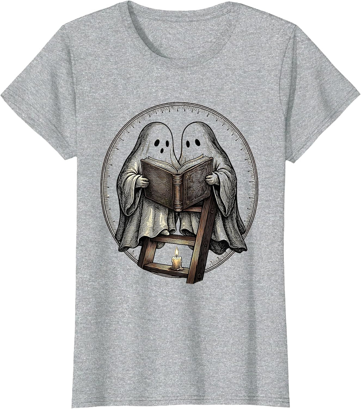Bookish Ghosts Reading Library Ladder Cozy Halloween T-Shirt - Heather Grey