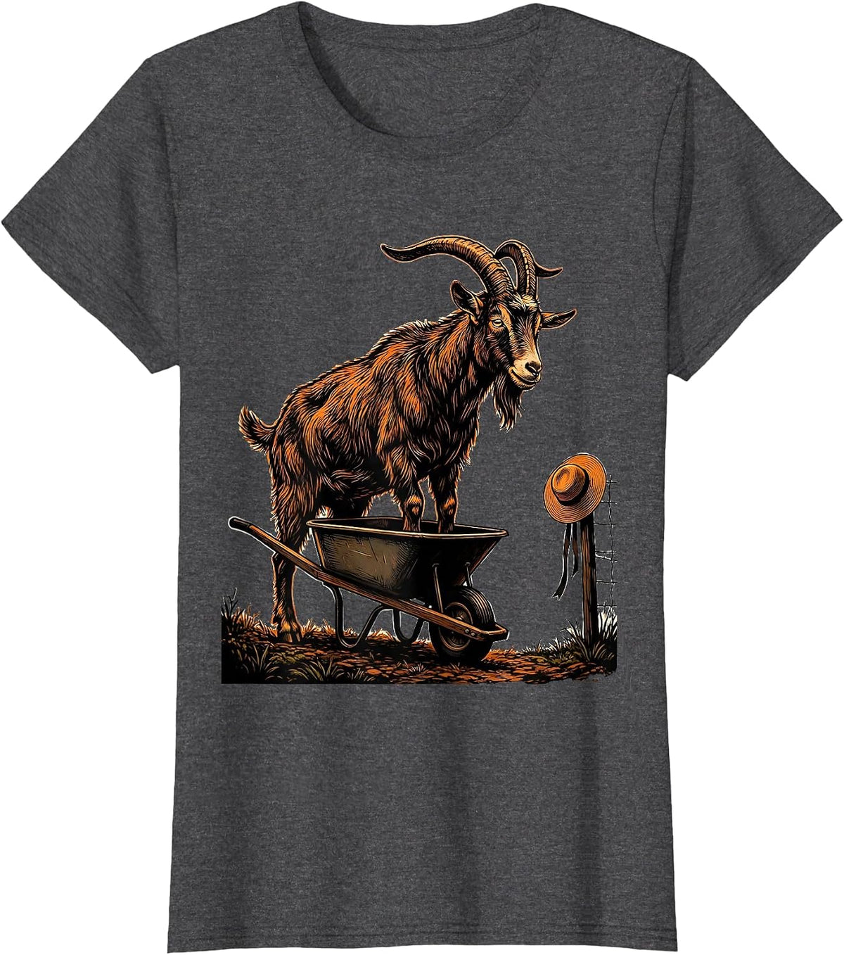 Women's Stencil Goat Wheelbarrow Funny Goat Lover Farmer Gift T-Shirt - Dark Heather Grey
