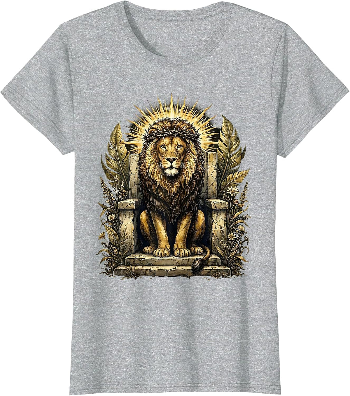 Women's Christ Is King Lion Thorned Crown Throne Design T-Shirt - Heather Grey