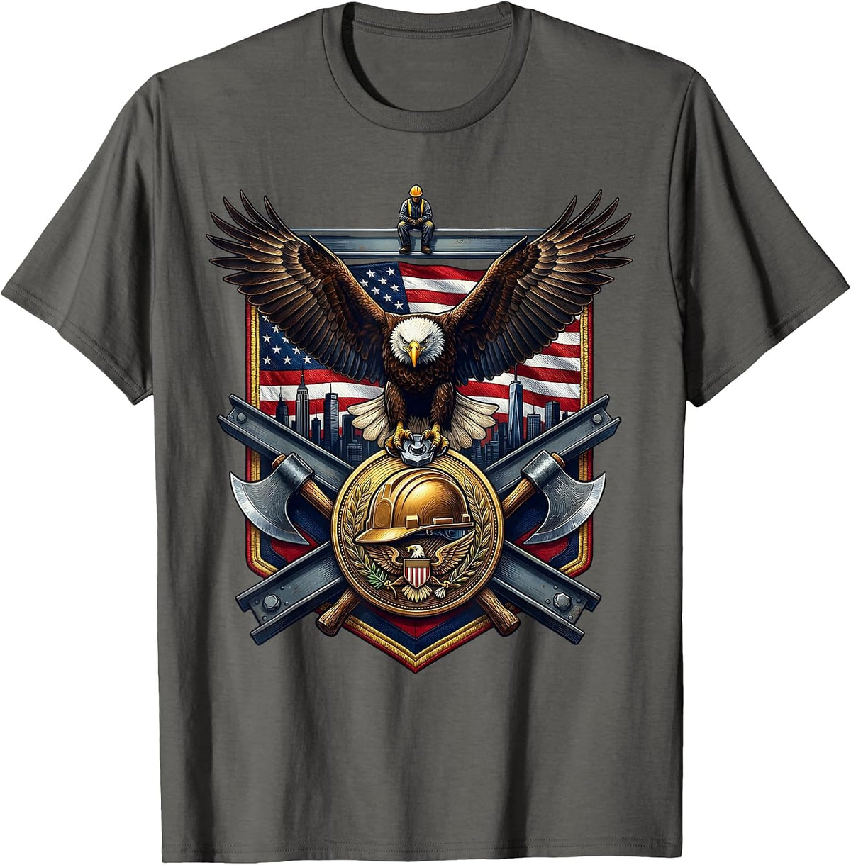 Construction Worker Steel Beam Skyline Graphic T-Shirt - Asphalt Grey