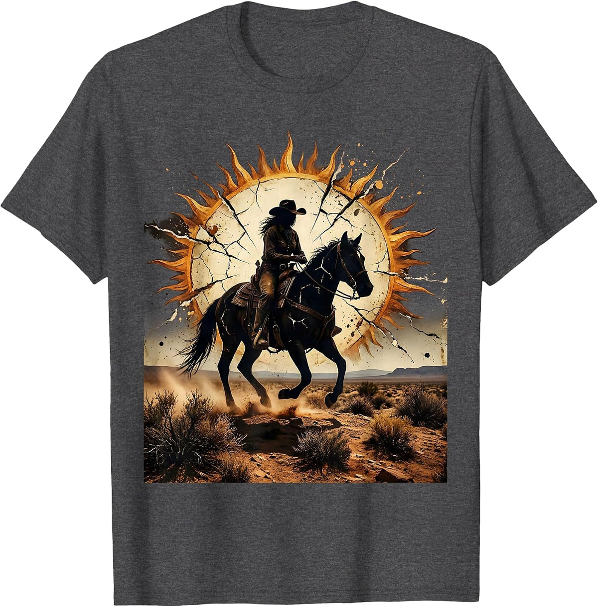 Men's Lone Cowgirl Silhouette Sunset Country Music T-Shirt - Dark Heather Grey