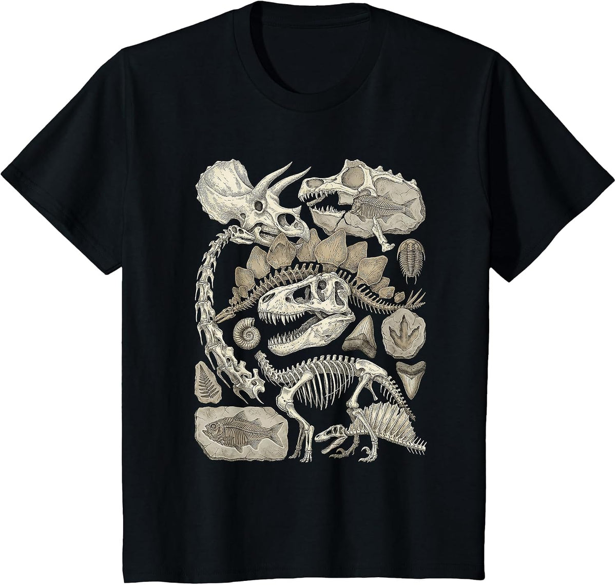 Vintage Dinosaur Skeleton Fragments Paleontology Art T-Shirt - Black