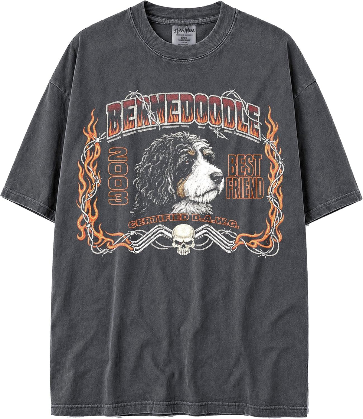 U.S.A. MAX-Heavyweight Shaka Wear Oversized 7.5oz Cotton Faded Tshirt Biker Graphic with Flames and Barbed Wire - Bernedoodle
