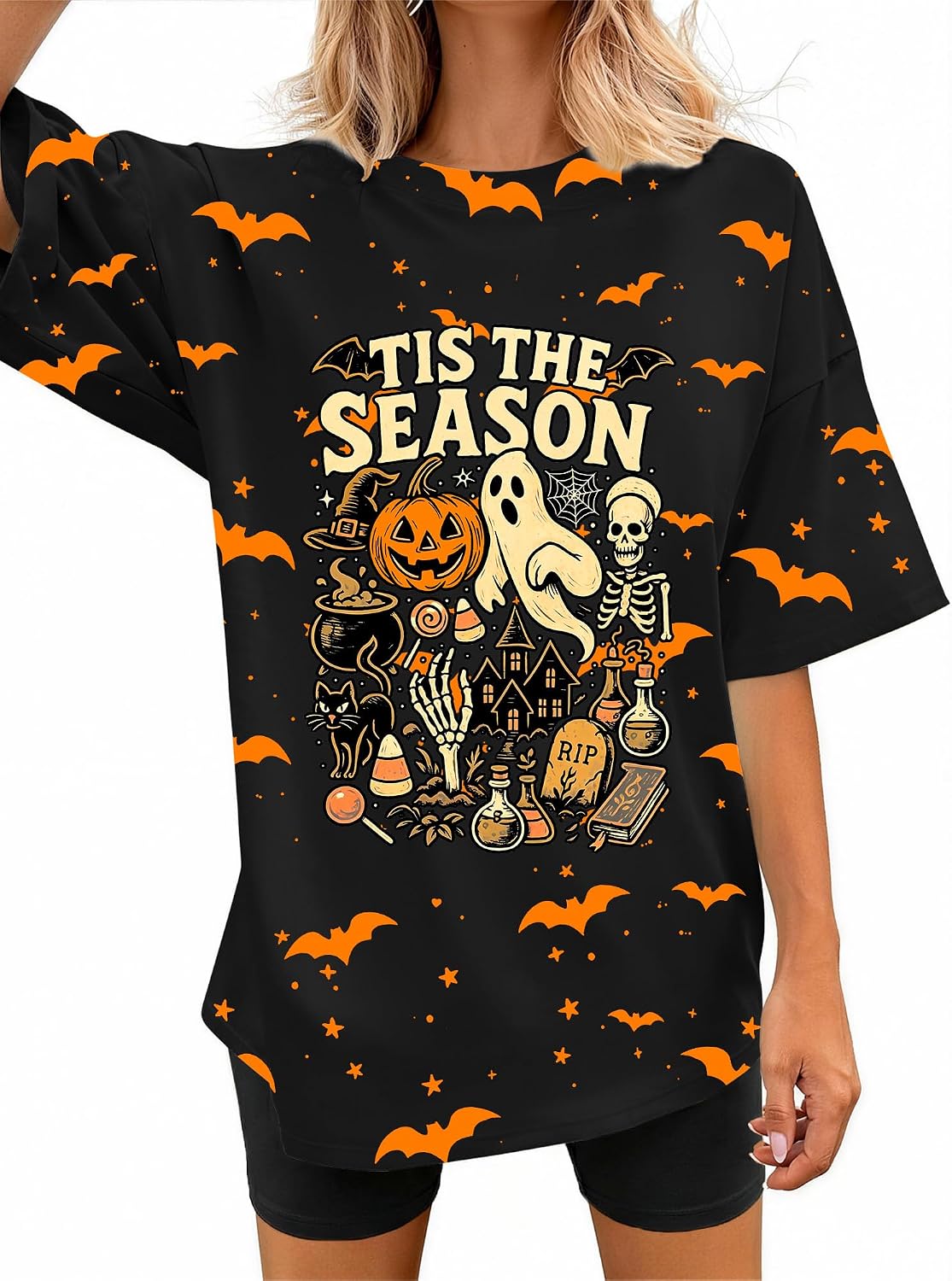Halloween Shirts for Women Tis the Season Ghost Pumpkin Bat Graphic Tee - Black
