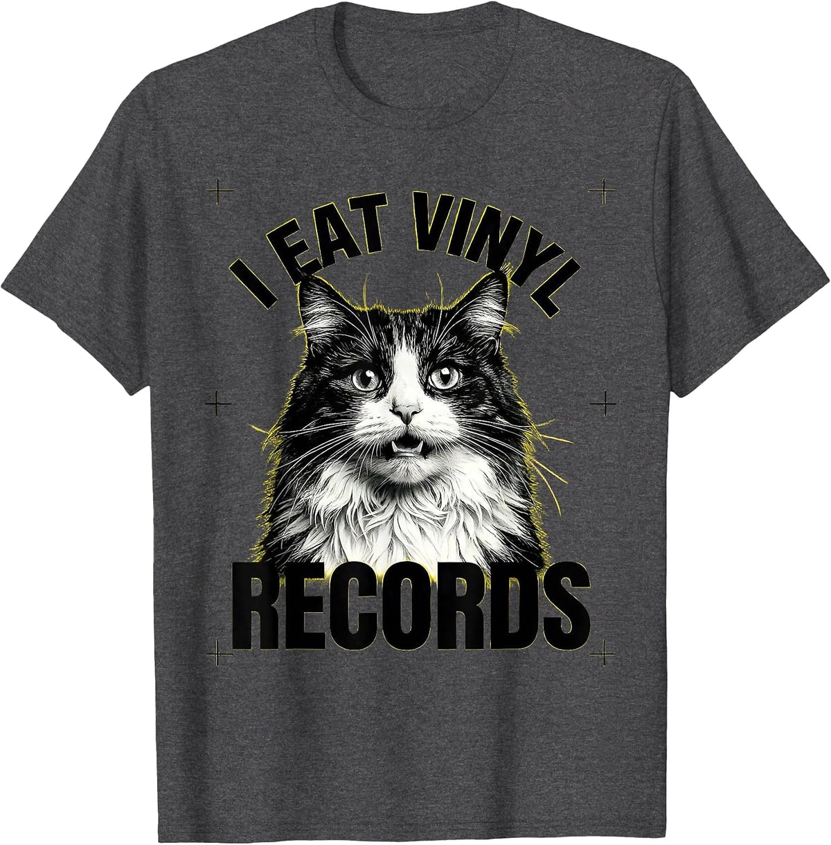 I Eat Vinyl Records Funny Cat Meme Bootleg Graphic T-Shirt - Dark Heather Grey