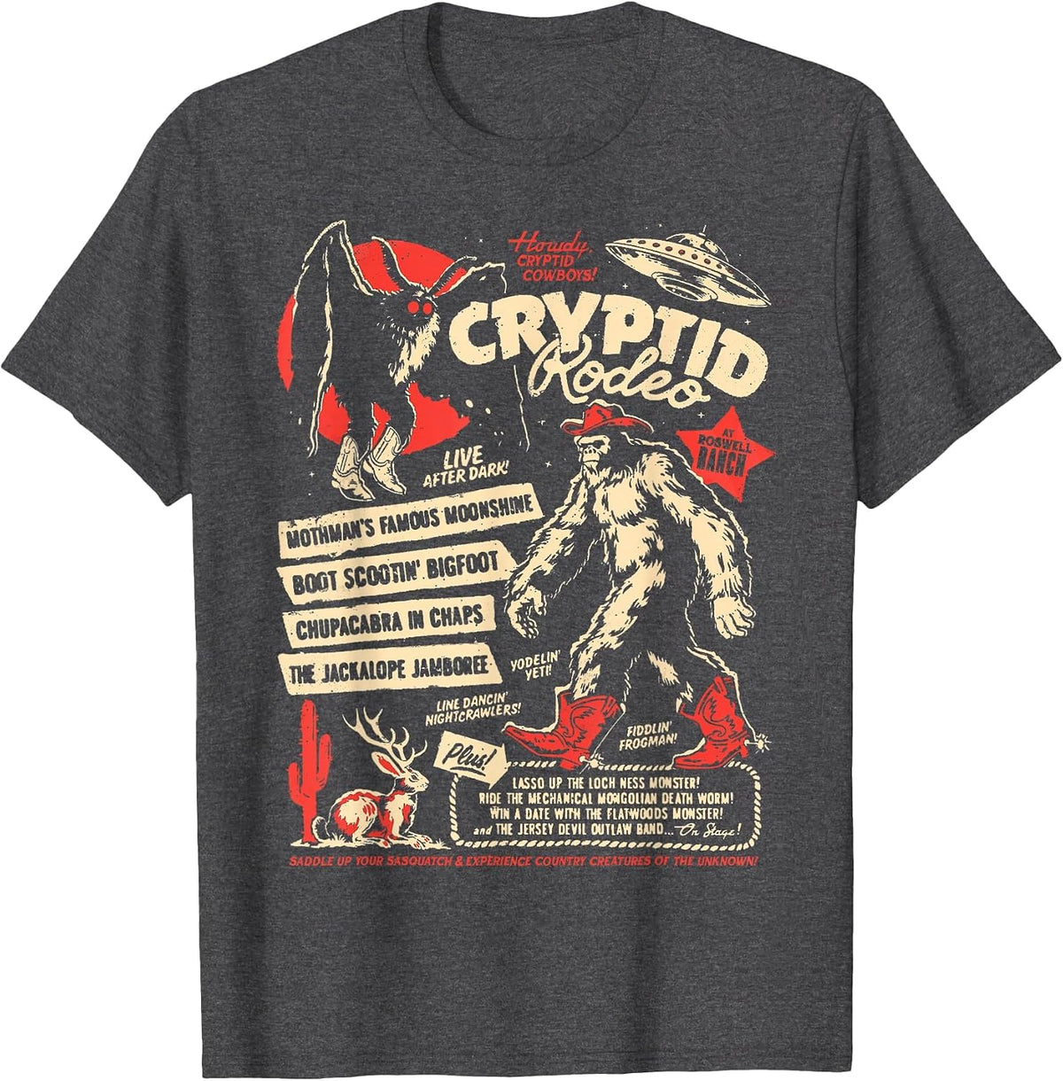 Cryptid Rodeo Mothman Chupacabra Jackalope Cowboy Halloween T-Shirt - Dark Heather Grey