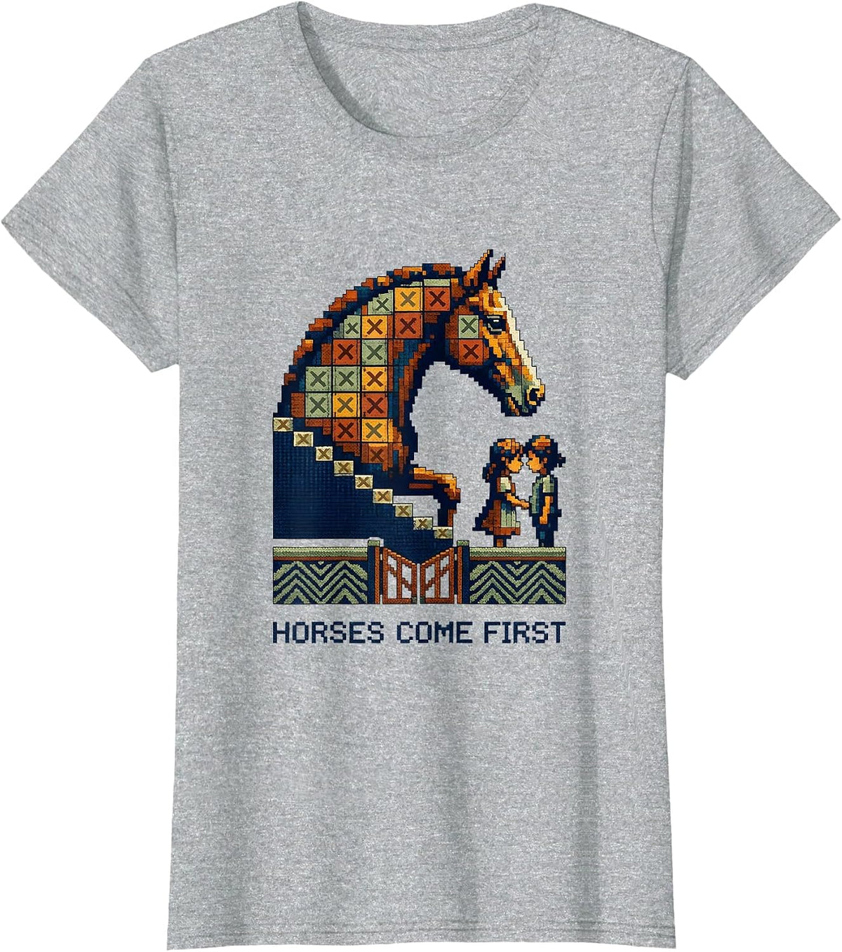 Horses Come First Funny Horse Lover Girl Humor Cross Stitch T-Shirt - Heather Grey