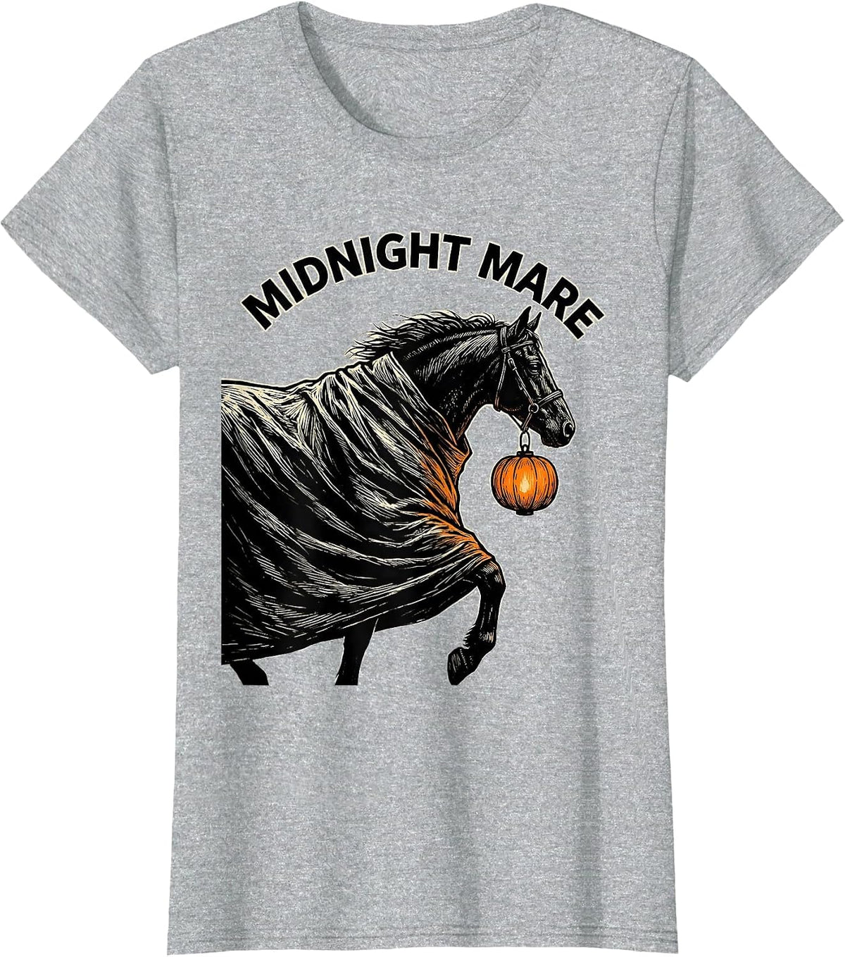 Midnight Mare Linocut Spooky Horse Halloween Equestrian Gift T-Shirt - Heather Grey