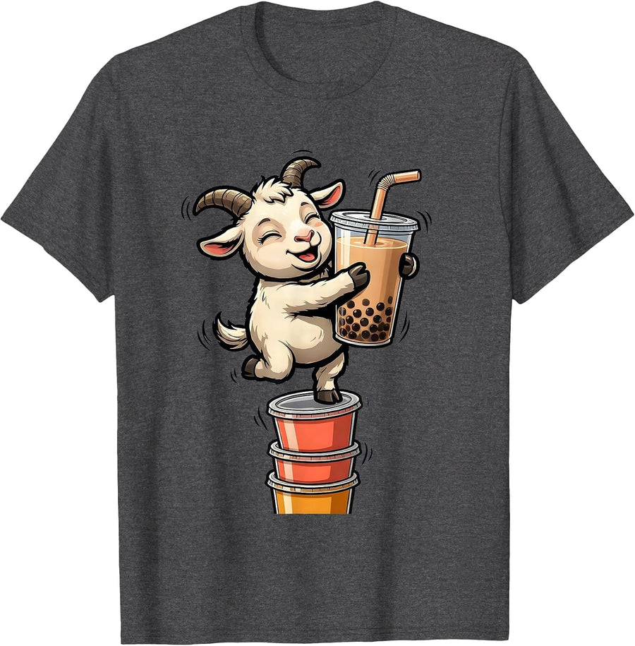 Men's Big-Eyed Goat Kawaii Anime Bubble Tea Lover Cute T-Shirt - Dark Heather Grey