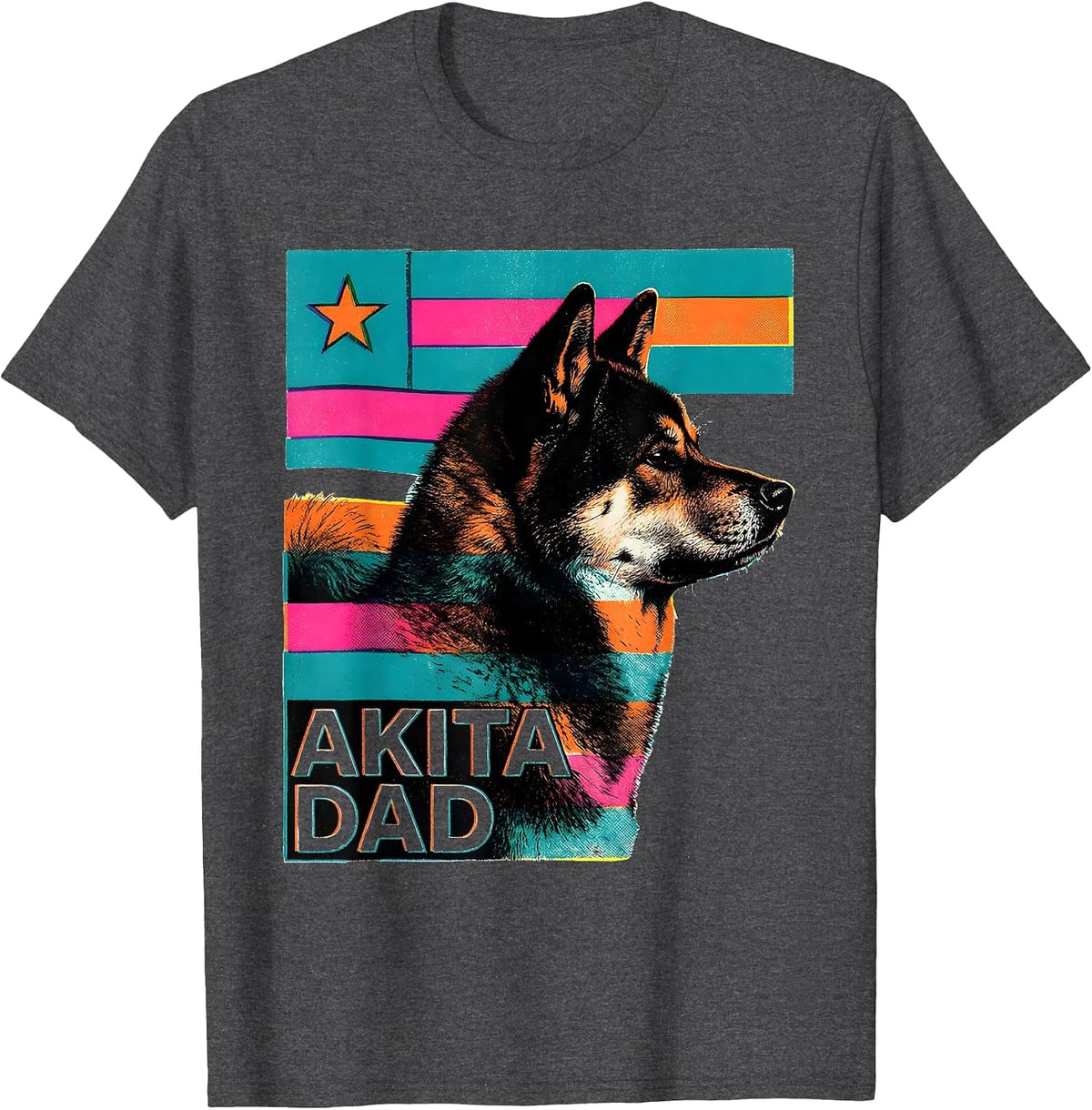 Men's Akita Dad Risograph Patriotic Dog Owner Gift T-Shirt - Dark Heather Grey