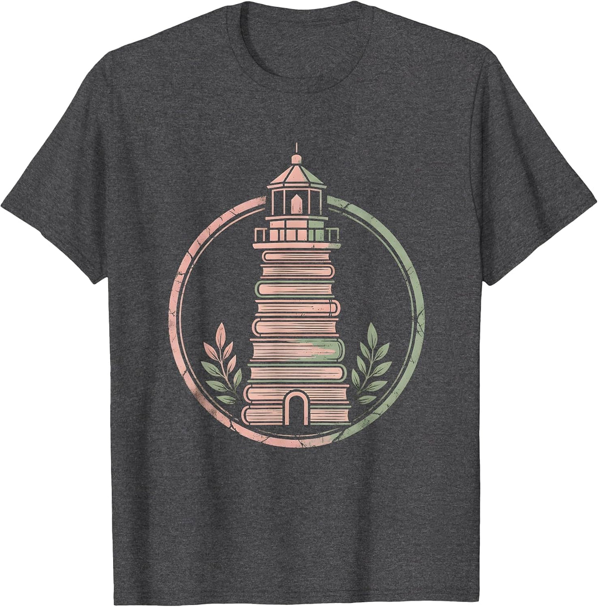 Lighthouse Made of Stacked Books Reading Teacher T-Shirt - Dark Heather Grey