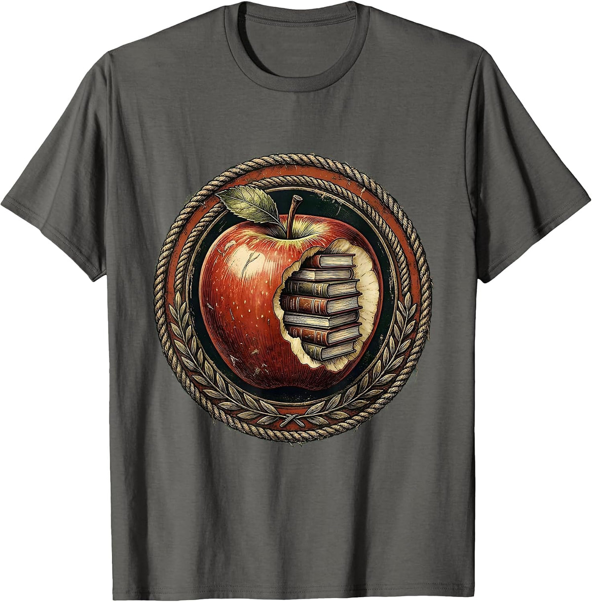 Men's Teacher Apple Books Graphic Tee Gift Idea T-Shirt - Asphalt Grey