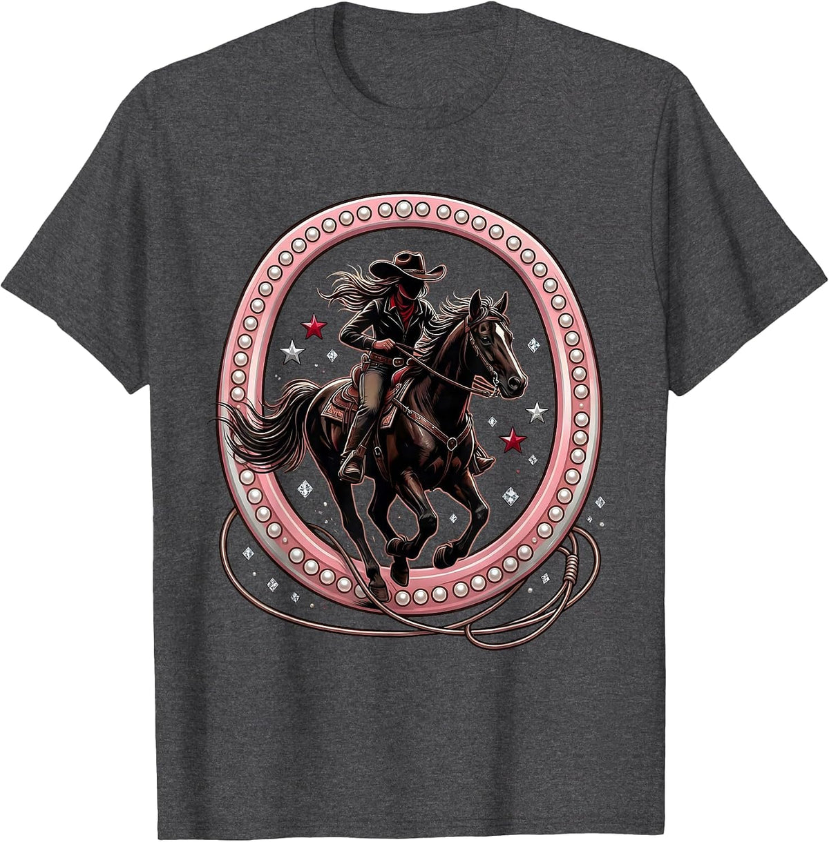 Cowgirl Silhouette Riding Horse at Sunset T-Shirt - Dark Heather Grey
