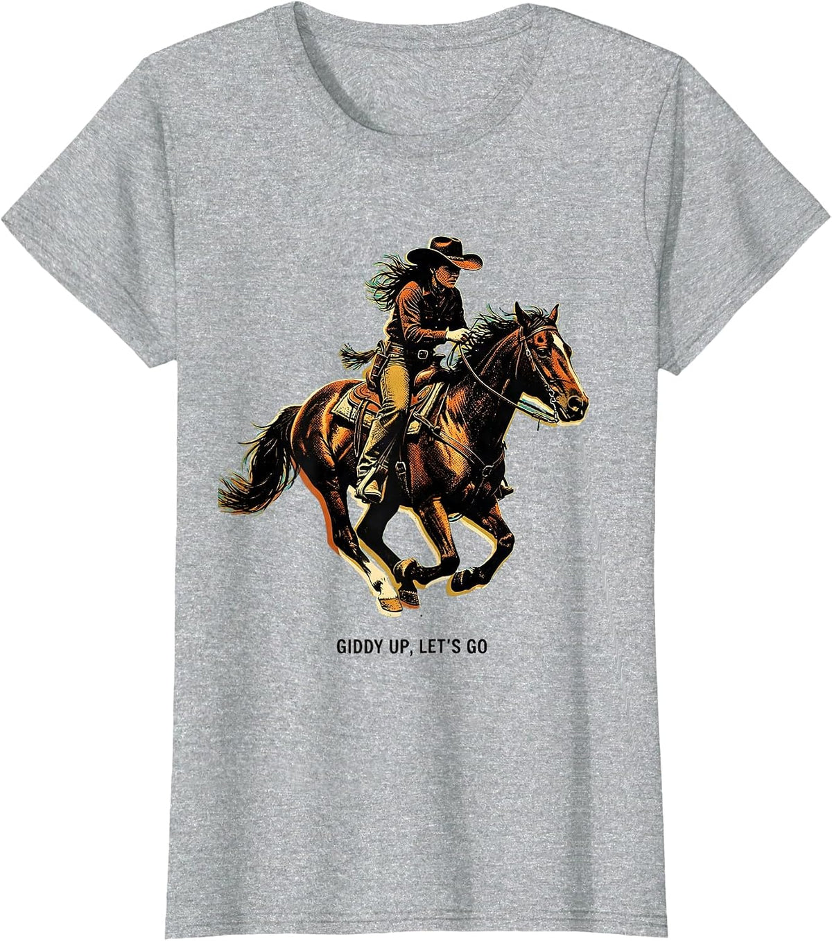 Women's Giddy Up Lets Go Cowgirl Western Design T-Shirt - Heather Grey