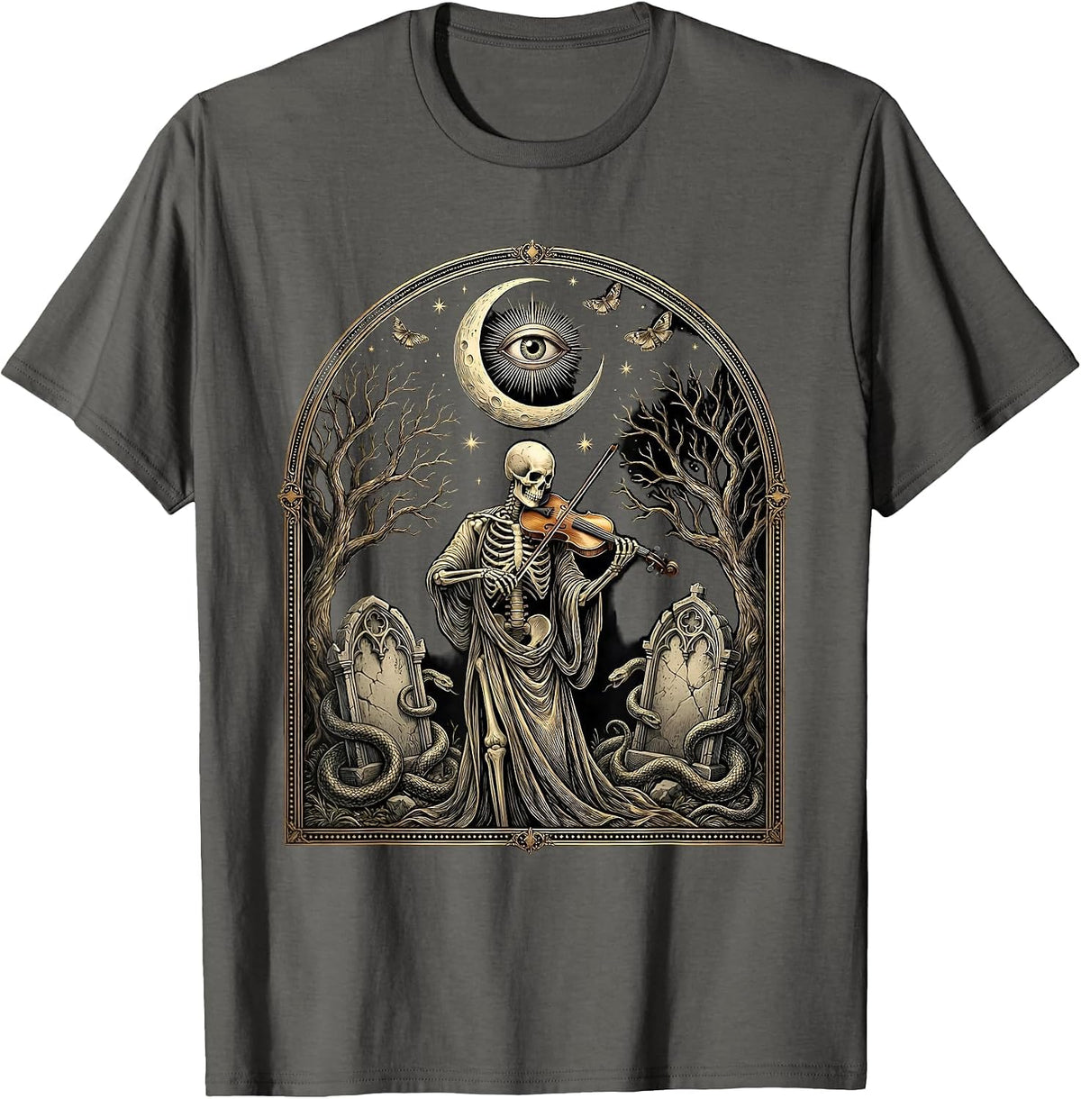 Skeleton Violinist Graveyard Spooky Season Art T-Shirt - Asphalt Grey