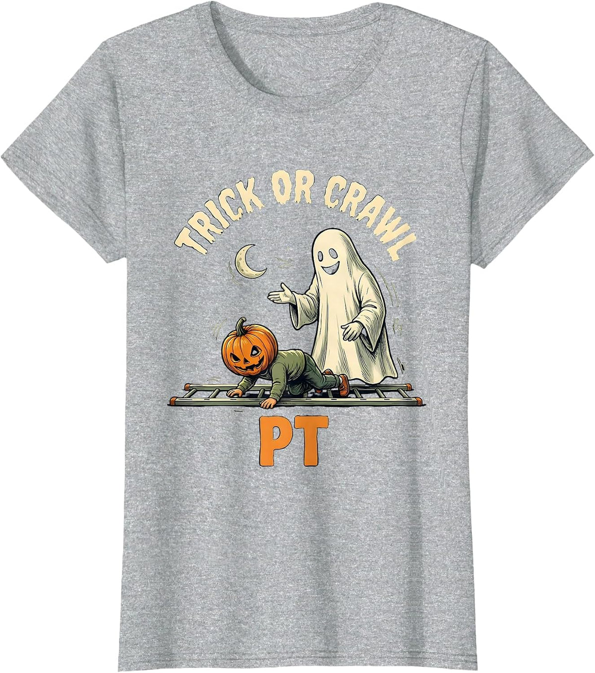 Women's Trick Or Crawl PT Funny Physical Therapy Halloween Ghost T-Shirt - Heather Grey