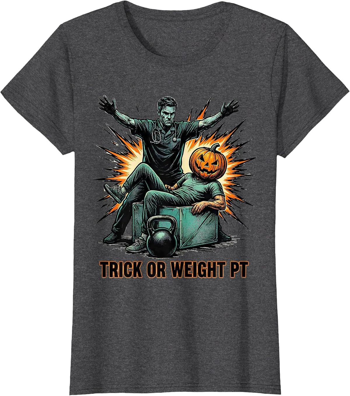 Women's Trick Or Weight PT Comic Ghost Physical Therapy Halloween T-Shirt - Dark Heather Grey
