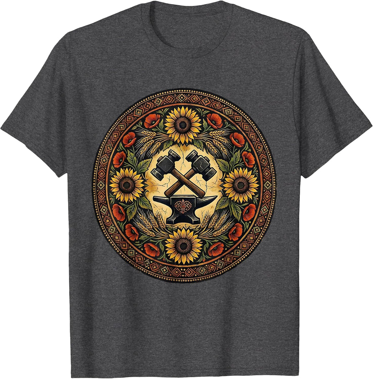 Ukrainian Blacksmith Forge Fire Illustration T-Shirt - Dark Heather Grey